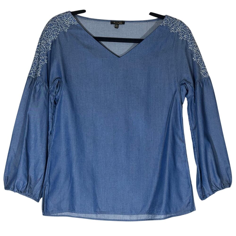 Massimo Dutti Sz 2 Lace Trim Chambray Peasant Top Lyocell Side Slits V-Neck Boho
